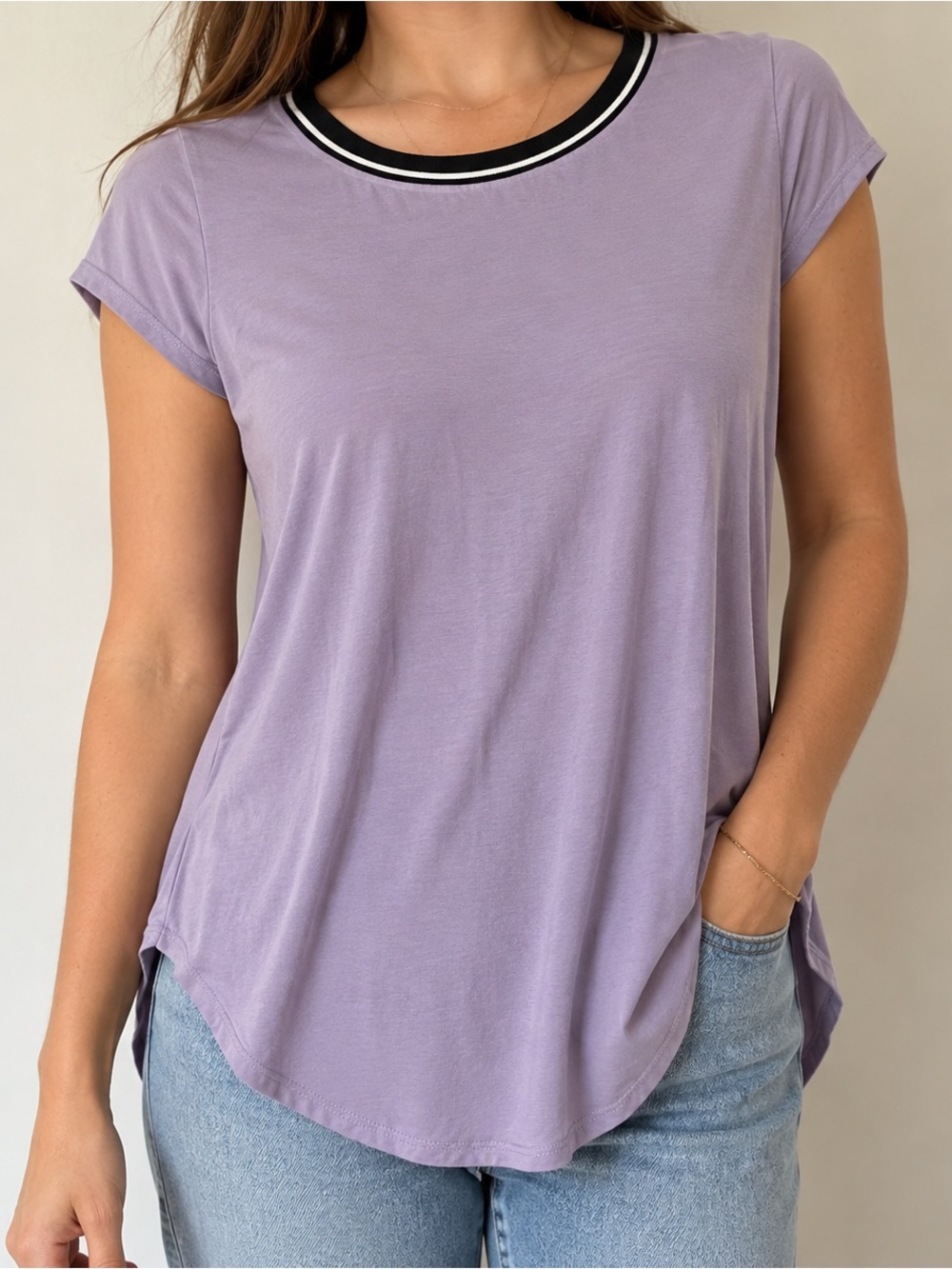 Alfani Lavender Short Sleeve Tee with Black-and-White Contrast Collar